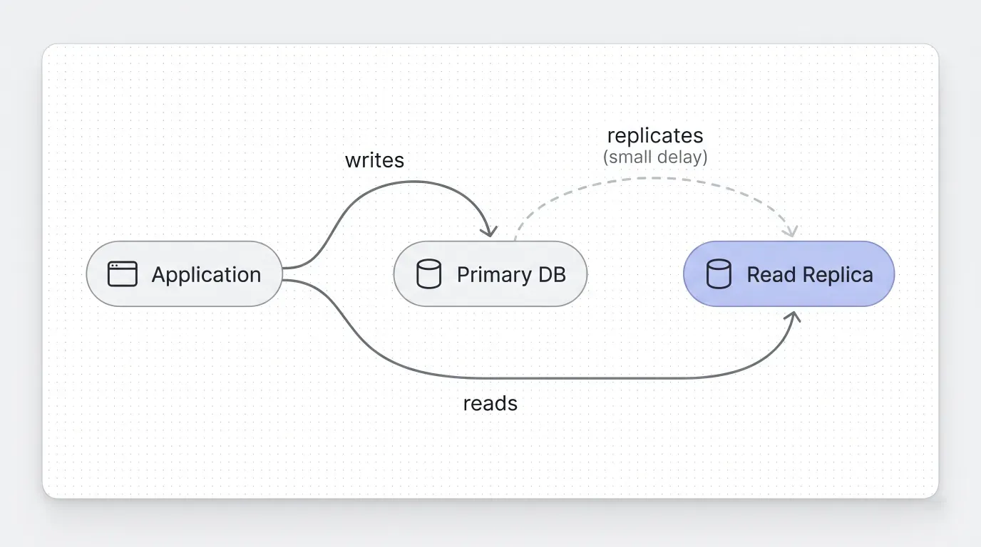 Technical diagram showing read traffic split away from the primary database onto a replica, with writes remaining on the primary