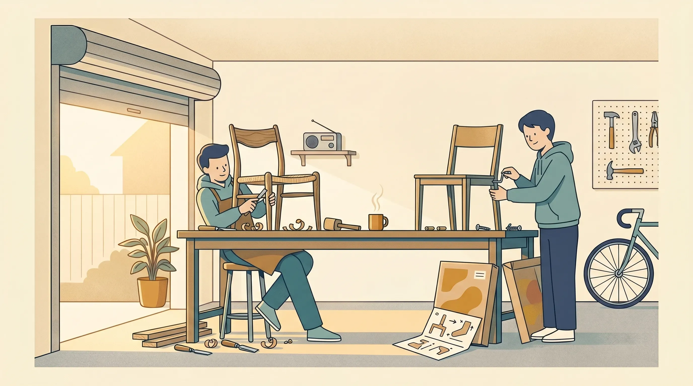 Two people work side by side at
separate ends of a long shared workbench. One produce a unique chair, the other produces a standardised stool.