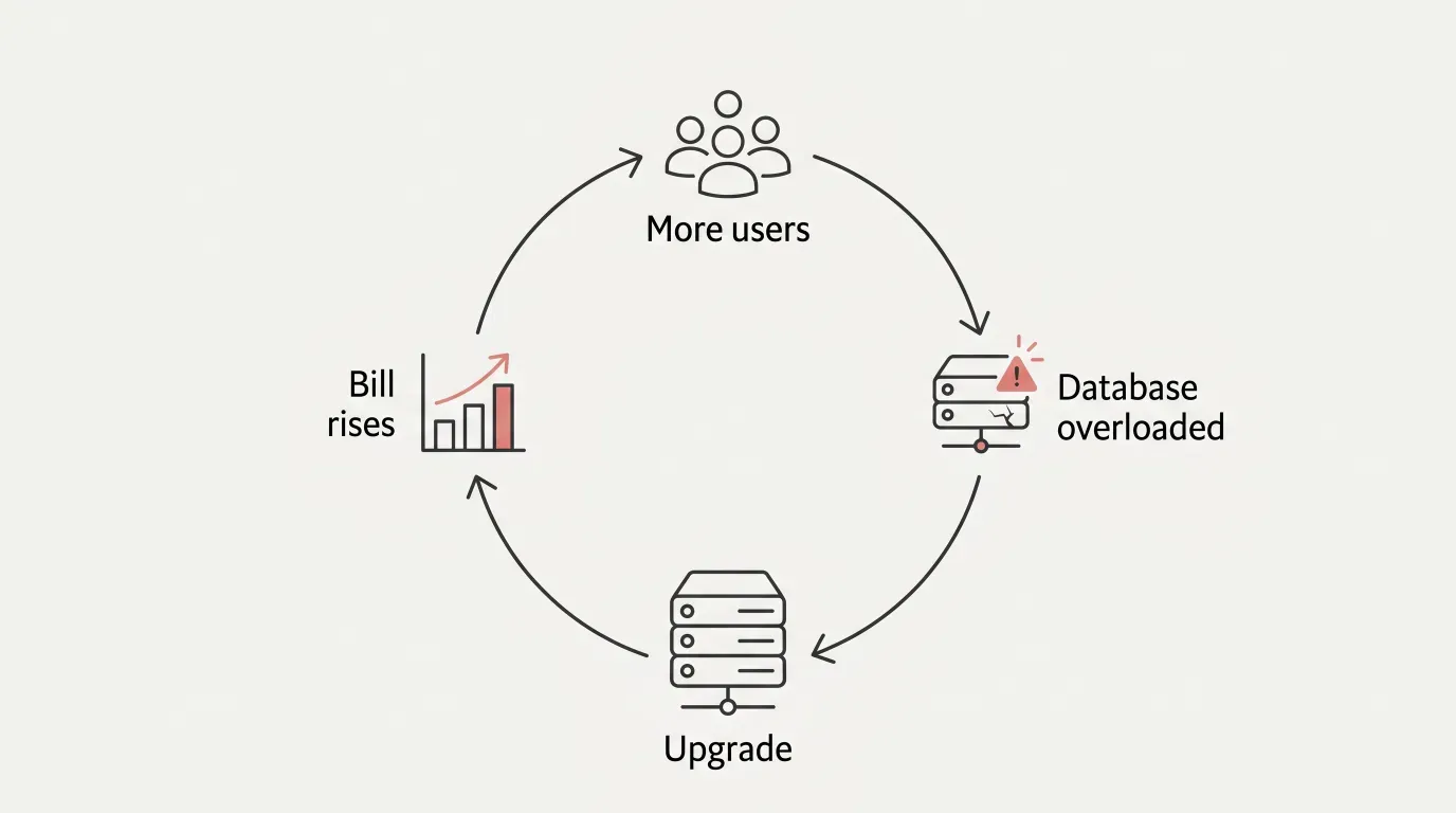 More users → database overloaded → upgrade → bill rises → more users → repeat