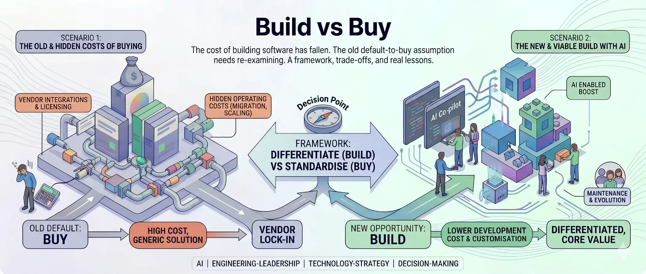 Build vs Buy hero image showing decision points on differentiate vs standardise.