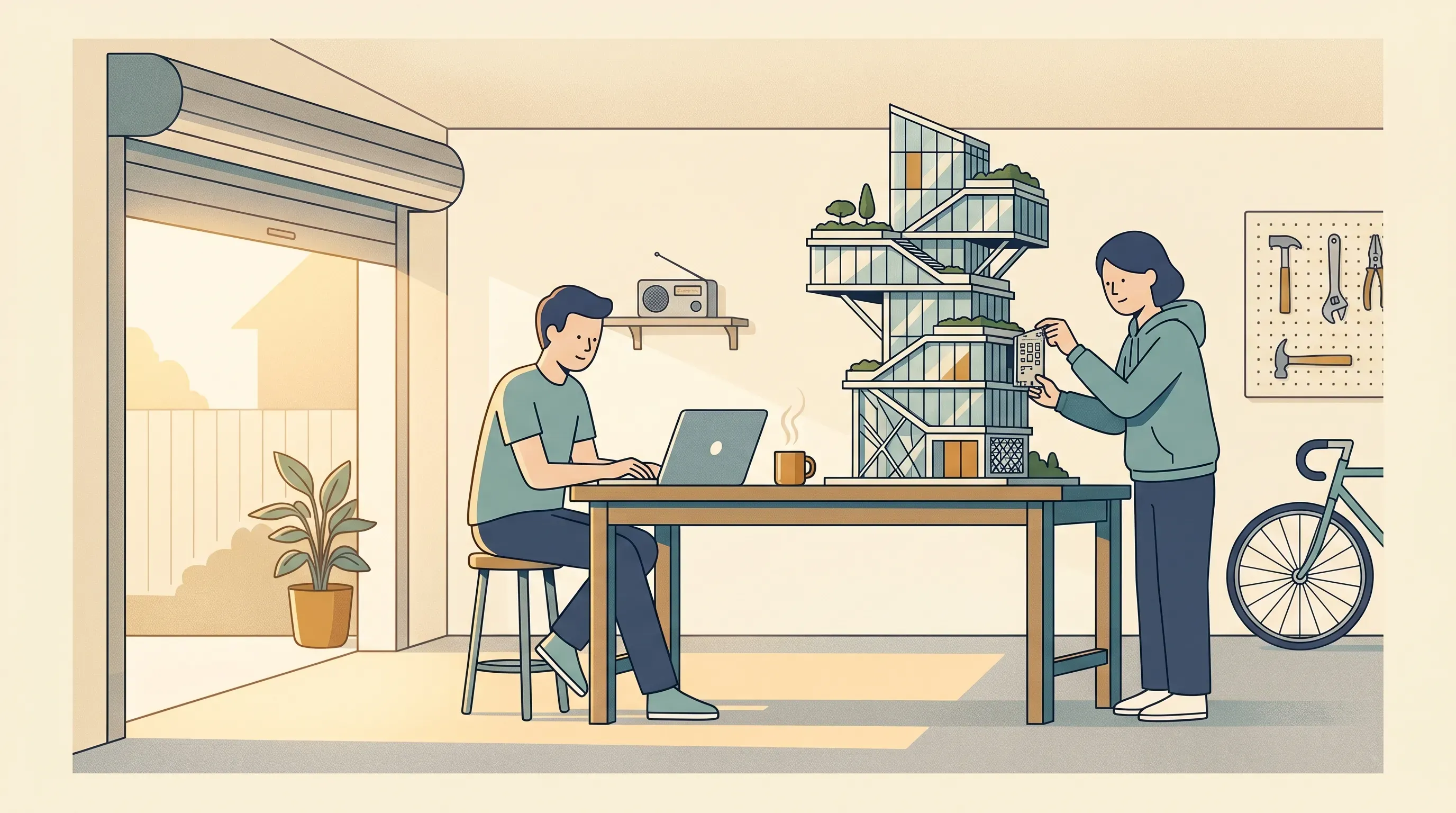 Two people in a sunny garage workshop, casually building
something ambitious